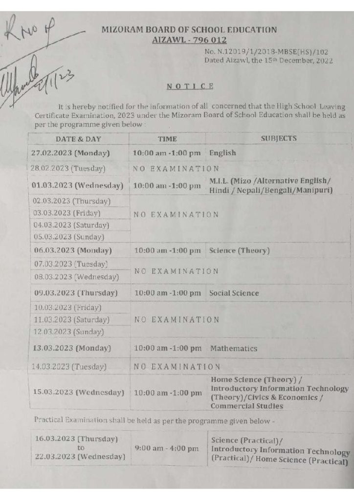 MBSE HSLC Routine 2024 Download - Mizoram Board 10th Class Schedule ...