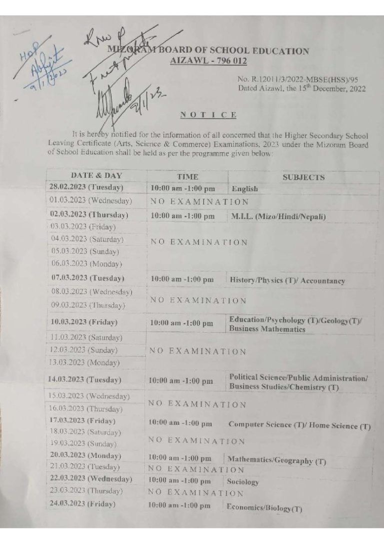 MBSE HSSLC Routine 2025 Download Mizoram Board 12th Exam Schedule